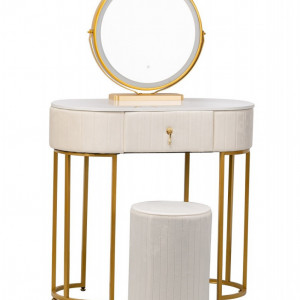 SEA80 - Set Masa toaleta, 80 cm, cosmetica, masa machiaj cu oglinda LED si scaun, masuta vanity - Alb-Auriu