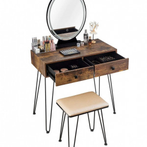SEM11 - Set Masa toaleta, 80 cm, cosmetica machiaj oglinda cu LED, masuta makeup cu scaun tapitat - Maro-Negru
