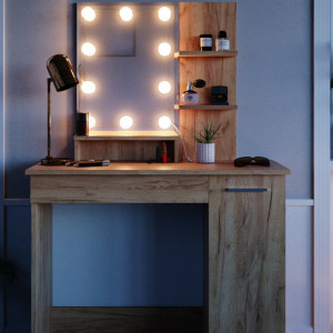 SEM218 - Set Masa toaleta, 90 cm, cosmetica machiaj oglinda cu sau fara LED, masuta vanity, cu sau fara scaunel - Maro