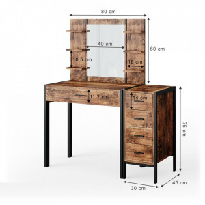 SEM227 - Set Masa toaleta, 110 cm, cosmetica machiaj oglinda cu sau fara LED, masuta vanity, cu sau fara bancuta - Maro stil industrial