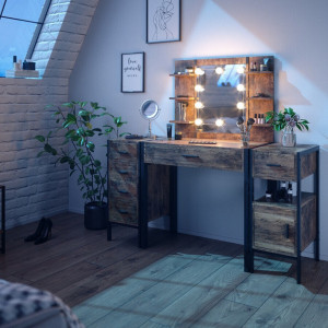 SEM229 - Set Masa toaleta, 140 cm, cosmetica machiaj oglinda cu sau fara LED, masuta vanity, cu sau fara bancuta - Maro stil industrial
