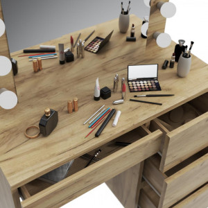 SEM502 - Set Masa toaleta cosmetica machiaj oglinda masuta vanity, oglinda cu LED-uri cu sau fara scaun - Culoarea Stejar