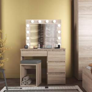 SEM505 - Set Masa toaleta cosmetica machiaj oglinda masuta vanity, oglinda cu LED-uri cu sau fara scaun - Maro