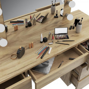 SEM508 - Set Masa toaleta, 120 cm, cosmetica machiaj, masuta vanity, oglinda cu LED-uri - Culoarea Stejar