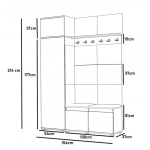 CUI521 - Cuier 154x37x214 cm - 6 agatatori haine, hol, pantofar - Culoarea Stejar, tapiterie Verde/Gri/Albastru