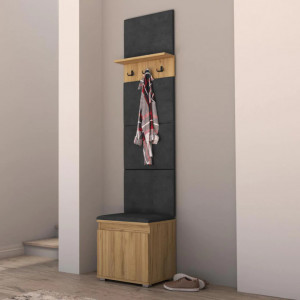 CUI524 - Cuier 50x37x214 cm - 3 agatatori haine, hol, pantofar - Culoarea Stejar, tapiterie Verde/Gri/Albastru