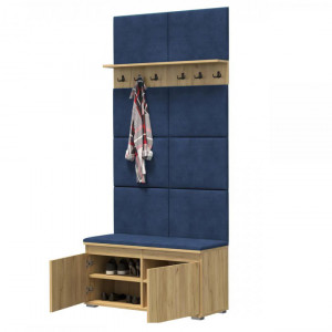 CUI527 - Cuier 100x37x214 cm - 6 agatatori haine, hol, pantofar - Culoarea Stejar, tapiterie Verde/Gri/Albastru