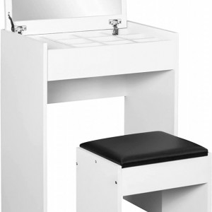SEA150 - Set Masa alba toaleta, 60 cm, cu 1 sertar cosmetica machiaj oglinda rabatabila, masuta si scaun taburet tapitat