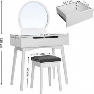 SEA220 - Set Masa alba toaleta cosmetica machiaj oglinda masuta vanity, scaunel, taburet tapitat