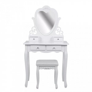 SEA268 - Set Masa toaleta 75 cm cosmetica machiaj, oglinda in forma de inima, masuta vanity, scaun tapitat - Alb sau Negru