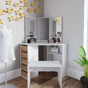 SEA274 - Set Masa toaleta cosmetica machiaj, cu oglinda make-up cu sau fara LED-uri, masuta vanity - Alb cu Maro pe colt