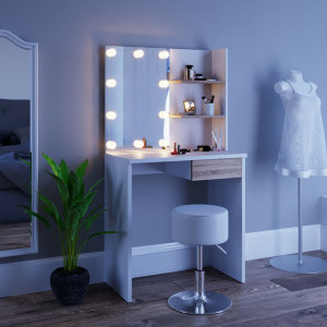 SEA276 - Set Masa toaleta 75 cm, cosmetica machiaj oglinda cu sau fara LED, masuta vanity Alb-Maro