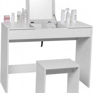SEA280 - Set Masa alba toaleta, 100 cm, cosmetica machiaj oglinda pliabila masuta vanity, scaunel, taburet