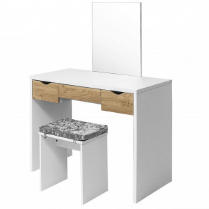 SEA286 - Set Masa toaleta, 100 cm, cosmetica machiaj cu oglinda, masuta vanity, scaun tapitat, comoda make-up - Alb sau Alb-Maro