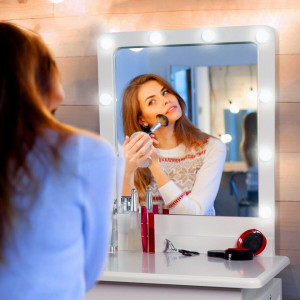 SEA287 - Set Masa toaleta, 80 cm, cosmetica machiaj, oglinda cu LED, masuta vanity, scaun tapitat, comoda make-up - Alb