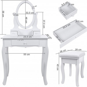 SEA290 - Set Masa toaleta, 70 cm, cosmetica machiaj, oglinda , masuta vanity, comoda make-up, scaun tapitat - Alb