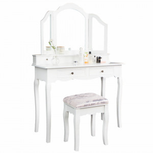 SEA319 - Set Masa alba toaleta cosmetica machiaj oglinda masuta vanity si scaunel tapitat