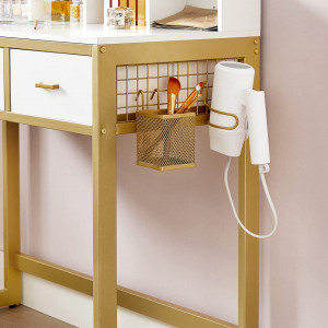 SEA356 - Set Masa toaleta, 90 cm, cosmetica machiaj cu oglinda cu LED si scaun, masuta vanity - Alb-Auriu