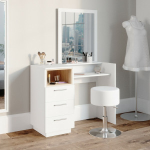 SEA361 - Set Masa toaleta, 100 cm, moderna cosmetica machiaj oglinda, masuta vanity cu sau fara LED- Alb