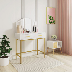 SEA364 - Set Masa toaleta, 80 cm, cosmetica machiaj, oglinda, masuta vanity - Alb-Auriu