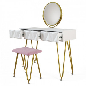 SEA366 - Set Masa toaleta, 100 cm, cosmetica machiaj, oglinda, masuta vanity - Alb-Auriu