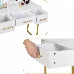 SEA368 - Set Masa toaleta, 90 cm, cosmetica machiaj, oglinda, masuta vanity - Alb-Auriu