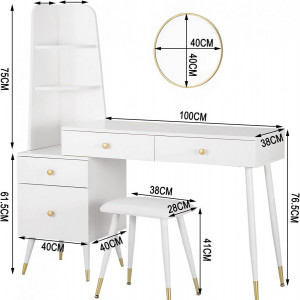 SEA382 - Set Masa toaleta, 100 cm reversibila, cosmetica machiaj, oglinda, masuta vanity - Alb-Auriu