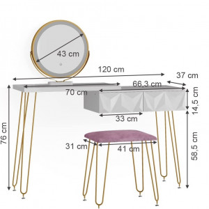 SEA391 - Set Masa toaleta, 120 cm, cosmetica machiaj, oglinda cu LED, masuta vanity, scaun tapitat - Alb-Auriu