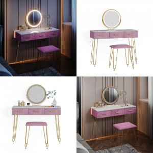 SEA396 - Set Masa toaleta, 100 cm, cosmetica machiaj, oglinda cu LED, masuta vanity, scaun tapitat - Alb-Auriu-Roz