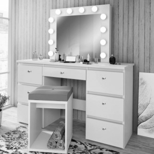 SEA516C - Set Masa toaleta, 120 cm, cosmetica machiaj, masuta vanity, oglinda cu LED-uri cu manere tip Cristal - Alb