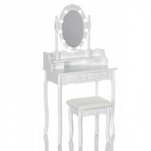 SEA517 - Set Masa alba toaleta, 75 cm, cosmetica machiaj oglinda cu LED, masuta vanity, scaunel, taburet tapitat