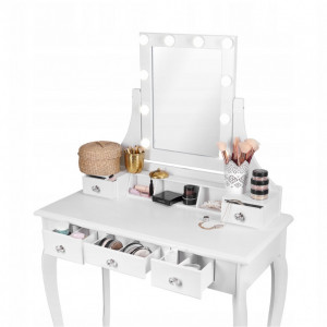 SEA521 - Set Masa alba toaleta, 80 cm, cosmetica machiaj oglinda cu LED, masuta vanity, scaunel, taburet tapitat