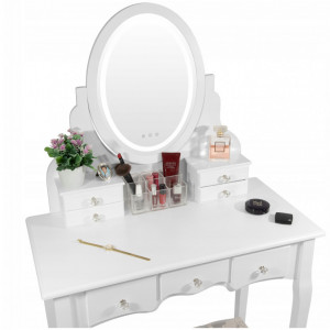 SEA530 - Set Masa toaleta, 80 cm, cosmetica machiaj, masuta cu oglinda cu LED si scaunel, taburet tapitat - Alb