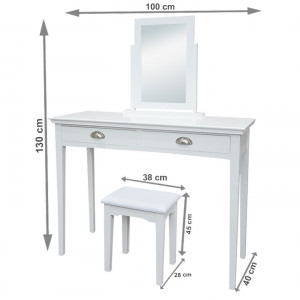 SEA606 - Set Masa toaleta, 100 cm, consola cosmetica machiaj masuta vanity make-up cu oglinda si scaun tapitat- Alb