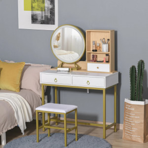 SEA70 - Set Masa toaleta, 90 cm, cosmetica machiaj, oglinda cu LED si scaun, masuta vanity - Alb-Auriu