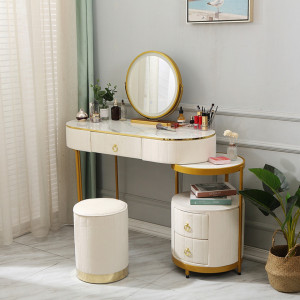 SEA79 - Set Masa toaleta, 100 cm, cosmetica, masa machiaj cu oglinda LED si scaun, masuta vanity - Alb-Auriu