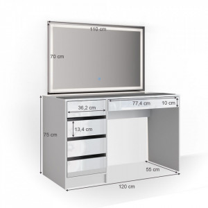 SEA902 - Set Masa toaleta, 120 cm, moderna cosmetica machiaj oglinda cu LED, masuta vanity - Alb Lucios