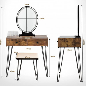 SEM11 - Set Masa toaleta, 80 cm, cosmetica machiaj oglinda cu LED, masuta makeup cu scaun tapitat - Maro-Negru