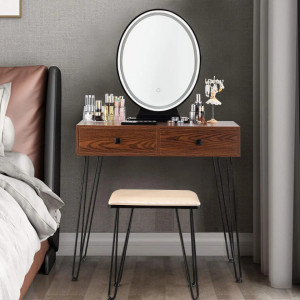 SEM12- Set Masa toaleta, 80 cm, cosmetica machiaj oglinda cu LED, masuta makeup cu scaun tapitat - Maro-Negru