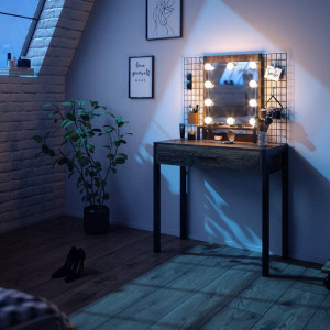 SEM221 - Set Masa toaleta, 80 cm, cosmetica machiaj oglinda cu sau fara LED, masuta vanity, cu sau fara bancuta - Maro stil industrial