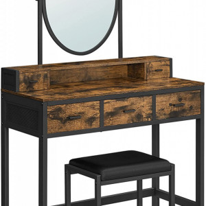 SEM231 - Set Masa toaleta, 90 cm, cosmetica machiaj cu oglinda, masuta vanity cu scaun tapitat - Maro stil industrial