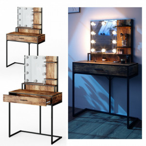 SEM232 - Set Masa toaleta, 80 cm, cosmetica machiaj oglinda cu sau fara LED, masuta vanity, cu sau fara bancuta - Maro stil industrial