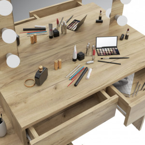 SEM510 - Set Masa toaleta, 112 cm, cosmetica machiaj oglinda masuta vanity, oglinda cu LED-uri cu sau fara scaun - Culoarea Stejar