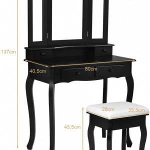 SEN213 - Set Masa neagra toaleta cu 4 sertare cosmetica machiaj oglinda masuta, scaunel taburet tapitat