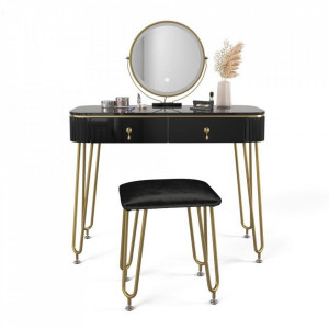SEN237 - Set Masa toaleta, 100 cm, cosmetica machiaj, oglinda cu LED, scaunel taburet tapitat - Negru Lucios-Auriu