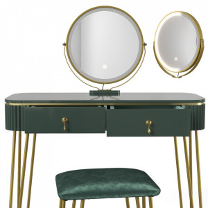 SEV203 - Set Masa toaleta, 100 cm, cosmetica machiaj, oglinda cu LED, scaunel taburet tapitat - Verde Inchis Lucios-Auriu