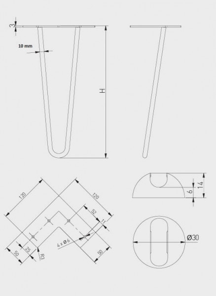 Set 4 picioare masa ARTO 2R negru mat H304/H406/H711 schita