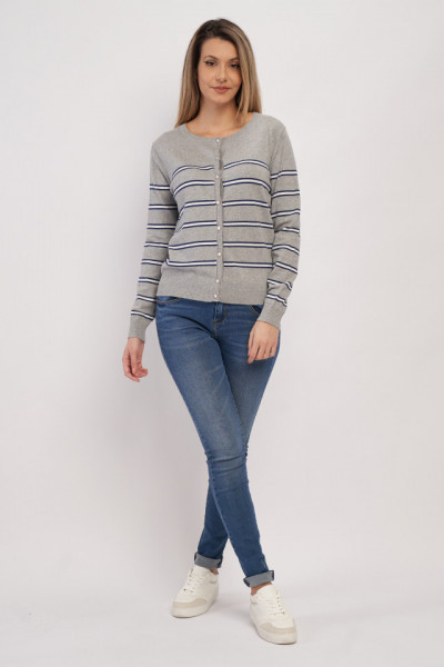 Timeout - Pulover dama tip cardigan cu model in dungi si logo