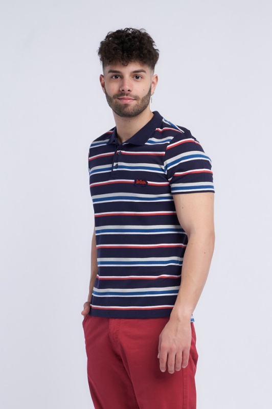 Lee Cooper - Tricou barbat tip polo cu imprimeu in dungi si logo brodat