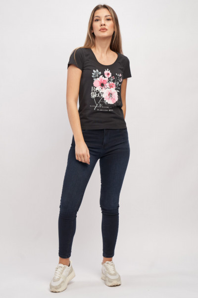 Timeout - Tricou maneca scurta dama cu imprimeu floral si mesaj text